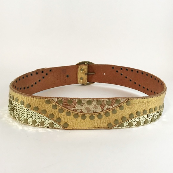 Gold Belt Embellished w/Lace, Sequins & Studs - Picture 2 of 7
